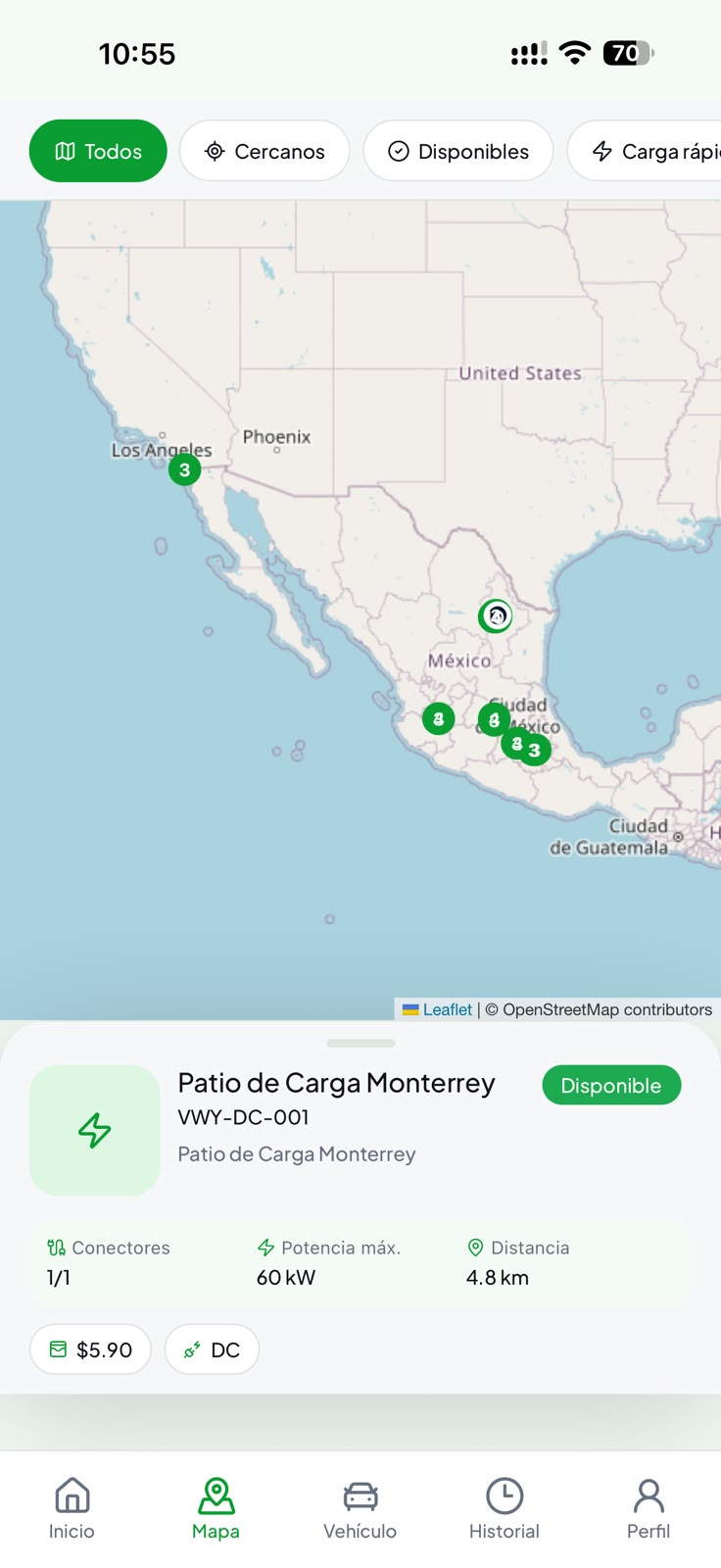 App RM eMobility · mapa de cargadores cercanos con disponibilidad y tarifa por kWh