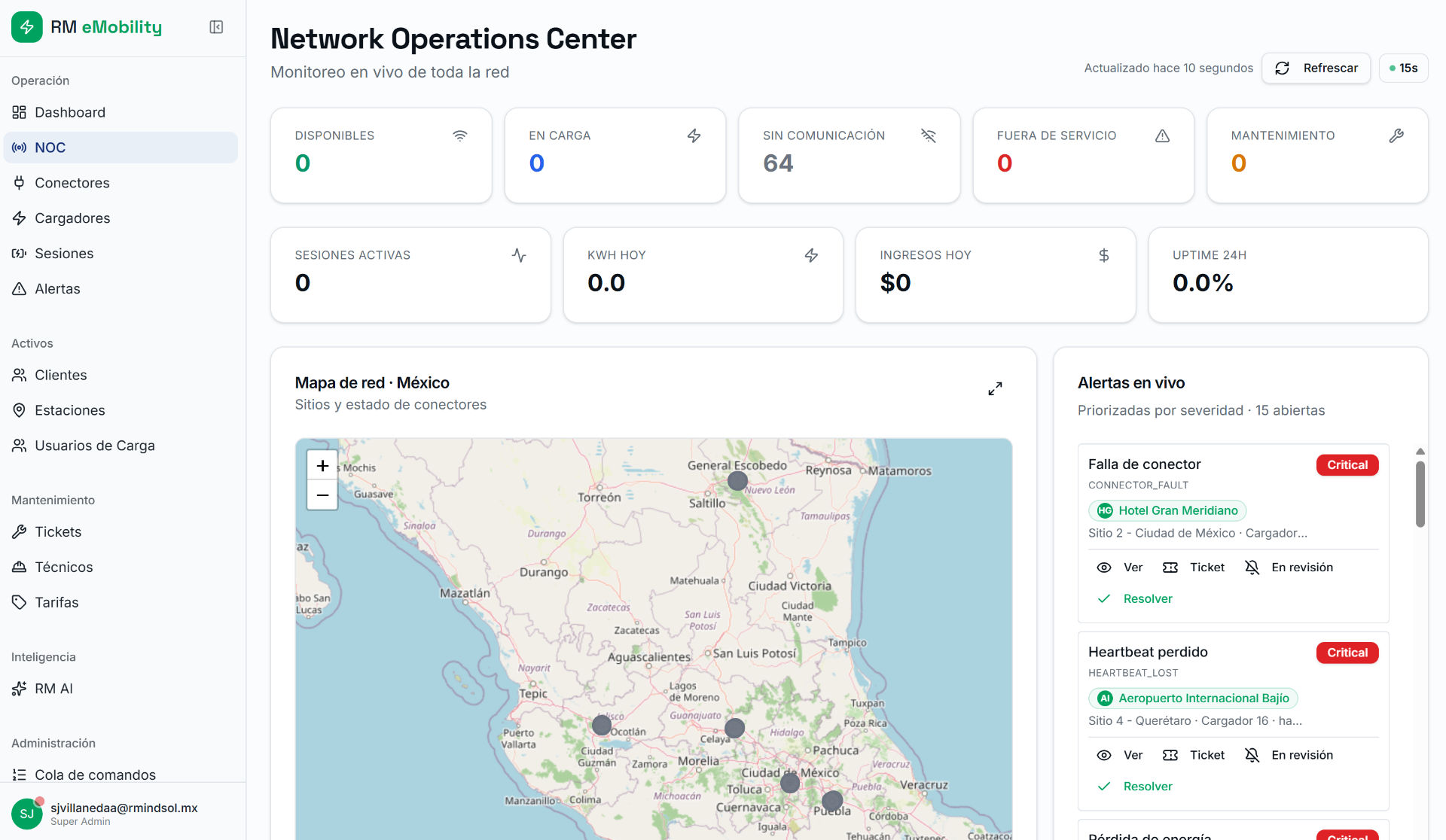 Network Operations Center · RM eMobility Cloud con monitoreo en vivo, mapa nacional y alertas priorizadas