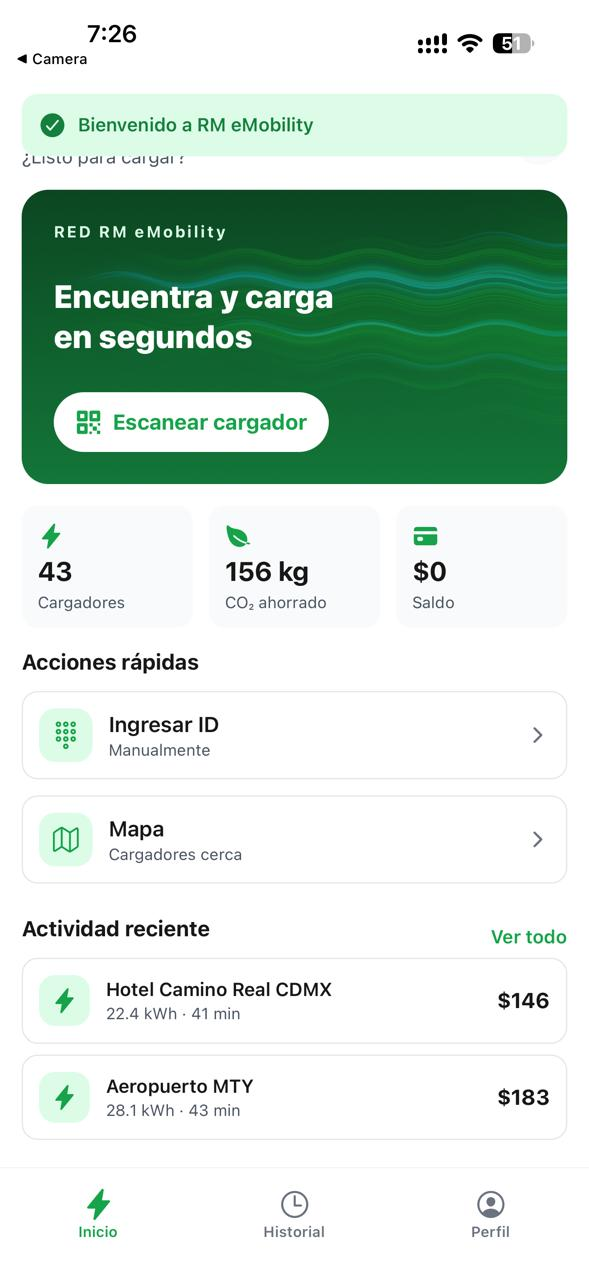 App RM eMobility · pantalla de inicio con acceso a escaneo de cargador y actividad reciente