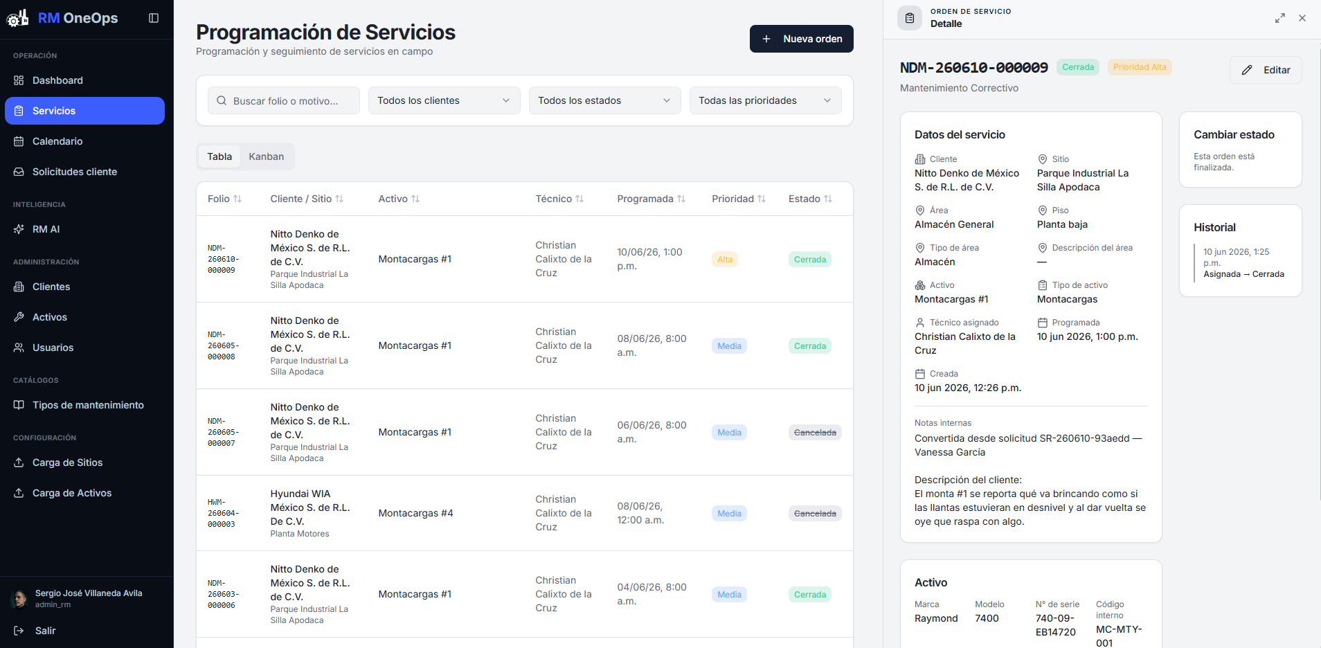Pantalla de programación de servicios de RM OneOps mostrando órdenes con folio, cliente, activo y detalle