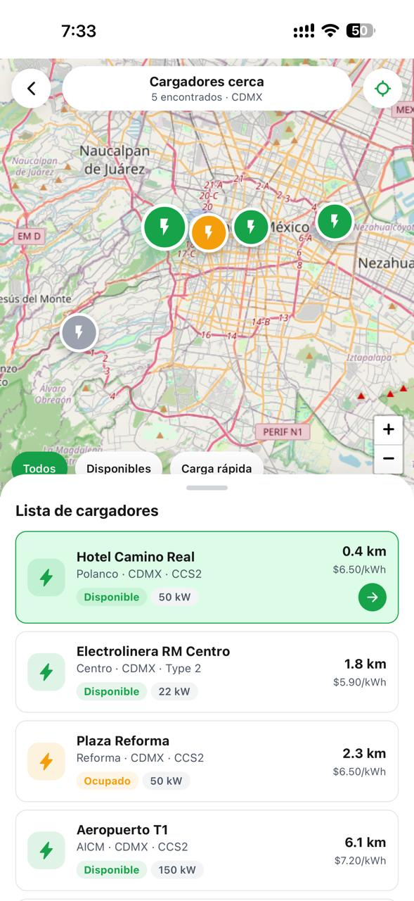 App RM eMobility · mapa de cargadores cercanos con disponibilidad y tarifa por kWh