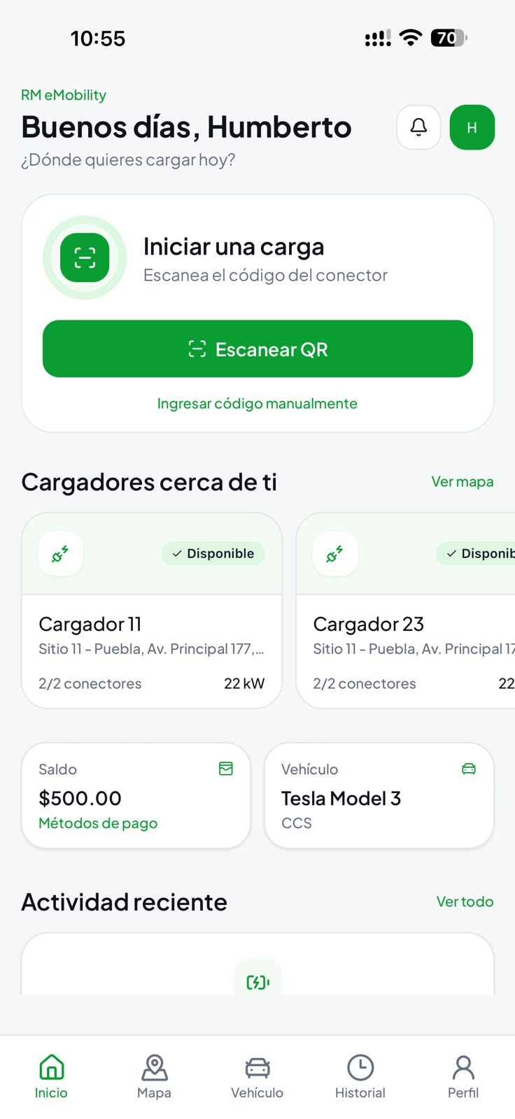 App RM eMobility · pantalla de inicio con acceso a escaneo de cargador y actividad reciente